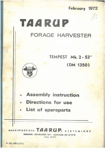 Taarup Forage Harvester Tempest Mk2 53" DM 1350 Operators Manual with Parts List
