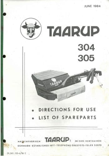 Taarup Mower 304 305 Operators Manual including Parts List - 305 305