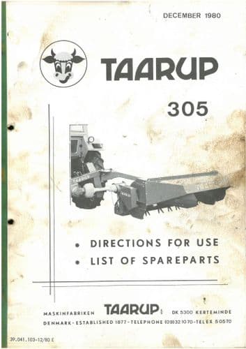Taarup Mower 305 Operators Manual With Parts List