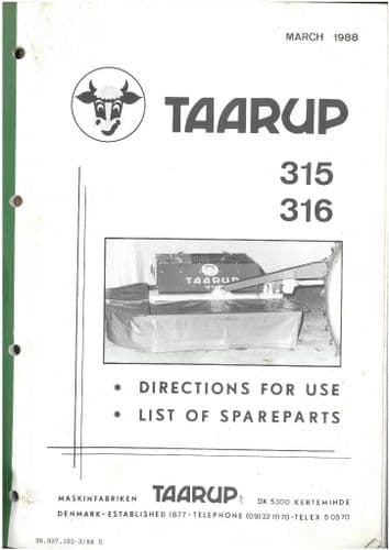 Taarup Mower 315 316 Operators Manual with Parts List