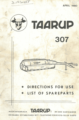 Taarup Mower Conditioner 307 Operators Manual With Parts List - April 1980