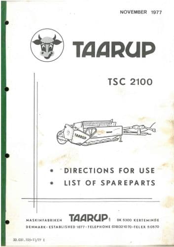 Taarup Mulcher Mower TSC2100 Operators Manual With Parts List - TSC 2100