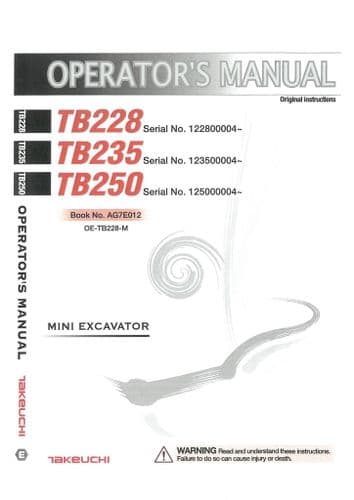 Takeuchi Excavator TB228 TB235 TB250 Operators Manual