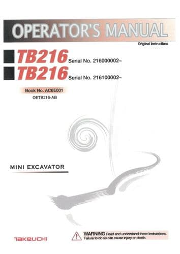 Takeuchi Mini Excavator TB216 Operators Manual - TB 261