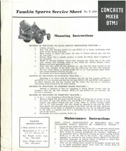 Tamkin  Concrete Mixer - Operators Manual & Spare Parts List.