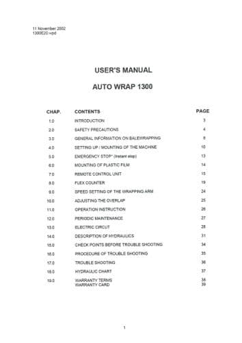 Tanco Autowrap Bale Wrapper 1300 Operators Manual
