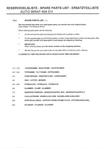 Tanco Autowrap Bale Wrapper 404EH Mini Wrap Parts Manual