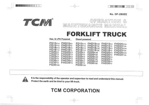 TCM Forklift Truck FD15 FD18 FD20 FD25 FD30 FD35 (C13 T13 C3 T3 T3SC3A T3A) Operators Manual
