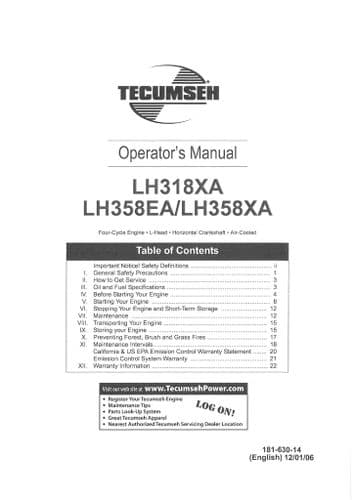 Tecumseh Engine LH318XA LH358EA and 358XA Operators Manual