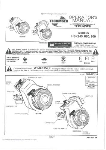 Tecumseh Snow Blower Engine HSK845 HSK850 HSK600 Operators Manual