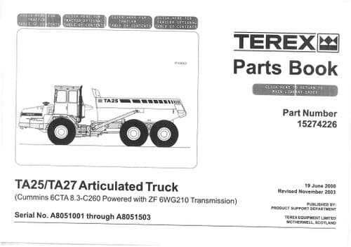 Terex Articulated Dumptruck TA25 & TA27 Parts Manual