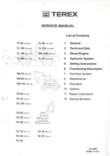 Terex Crawler Excavator TC15 TC16 TC20 TC29 TC35 TC37 TC48 TC50 TC60 TC75 TC125 Workshop Service