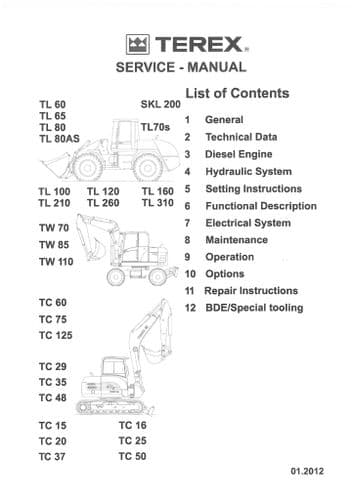 Terex Excavator TW70 TW85 TW110 Workshop Service Manual