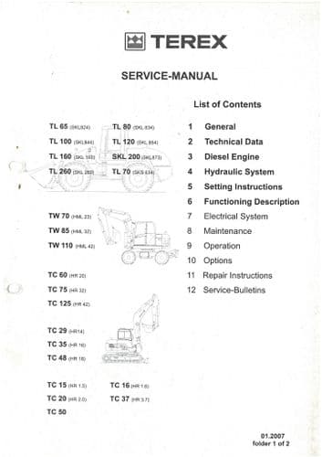 Terex Wheel Loader TL65 TL70 TL80 TL100 TL120 TL160 SKL200 TL260 Workshop Service Manual