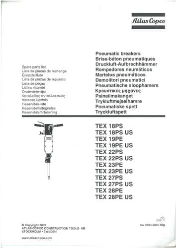 TEX Pneumatic Breaker 18PS (US) 19PE (US) 22PS (US) 23PE (US) 27PS (US) 28PE (US) Parts Manual