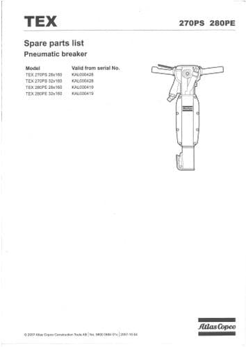 TEX Pneumatic Breaker 270PS & 280PE Parts Manual 270 280 PS PE