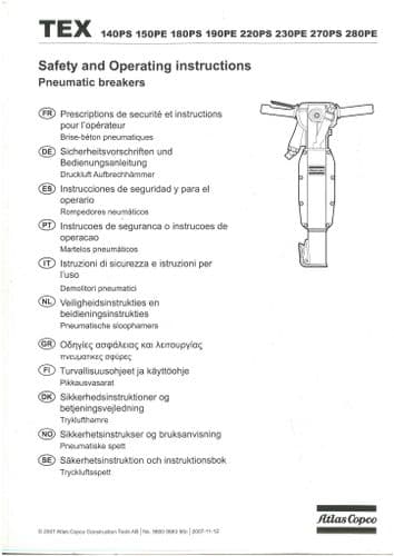 TEX Pneumatic Breakers 140PS 150PE 180PS 190PS 220PS 230PE 270PS 280PE Operators Manual