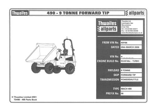 Thwaites Dumper Forward Tip 490-9 Tonne Parts Manual