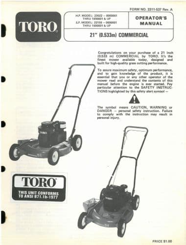 Toro 21" Commercial Mower Operators Manual - Models HP & SP