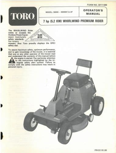 Toro 7hp Whirlwind Premium Rider Ride-On Mower Operators Manual