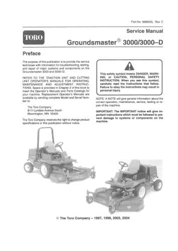 Toro Groundsmaster 3000 & 3000D Riding Mower Workshop Service Repair Manual