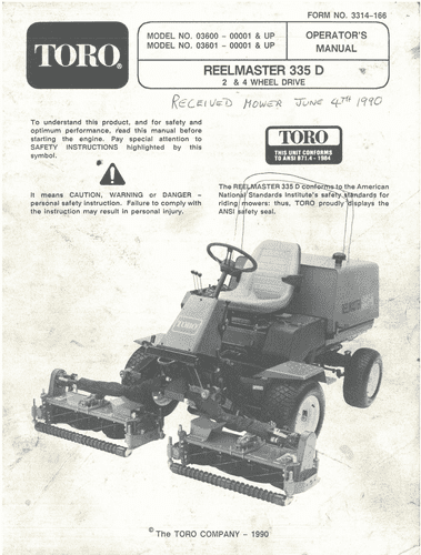 Toro Mower Reelmaster 335 D 2 & 4 Wheel Drive Operators Manual