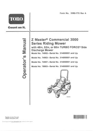 Toro Riding Mower Z Master Commercial 3000 Operators Manual