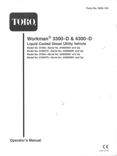 Toro Workman 3300-D & 4300-D Liquid Cooled Diesel Utility Vehicle Operators Manual