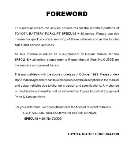Toyota Forklift  5FBCU 18. 20, 25/30-5FBCU 18, 20, 25/5FBCHU 20, 25/30-5FBCHU 20, 25 Workshop Manual