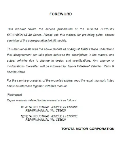 Toyota Forklift 5FGC/ 5FDC18-30 Workshop Manual