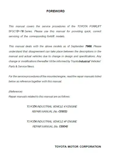 Toyota Forklift 5FGC10/5FGC13/5FGC15 Workshop Manual