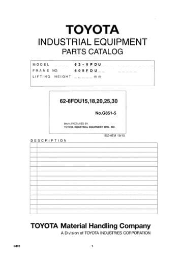 Toyota Forklift  62-8FDU15/ 62-8FDU18/ 62-8FDU20/ 62-8FDU25/ 62-8FDU30  Parts Manual