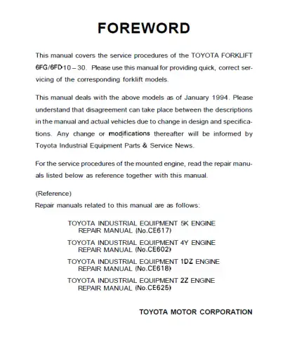 Toyota Forklift 6FG10 6FG30 6FD10 6FD30 Workshop Manual