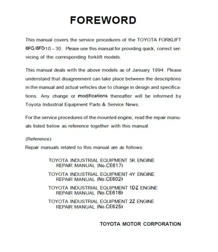 Toyota Forklift 6FG10 6FG30 6FD10 6FD30 Workshop Manual