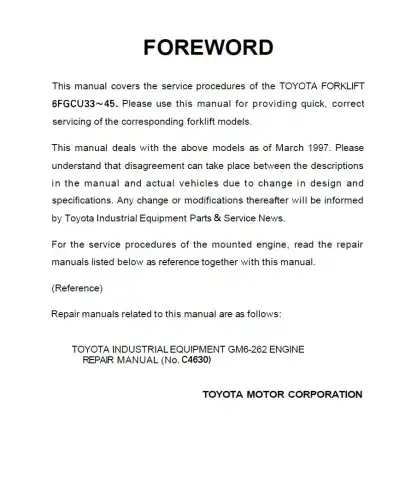 Toyota Forklift 6FGCU33-45  Workshop Manual