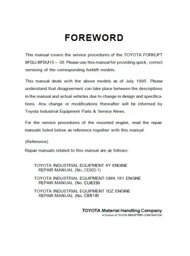 Toyota Forklift 6FGU15 6FDU15 6FGU18 6FDU18 6FGU20 6FDU20 6FGU25 6FDU25 6FGU30 Workshop Manual