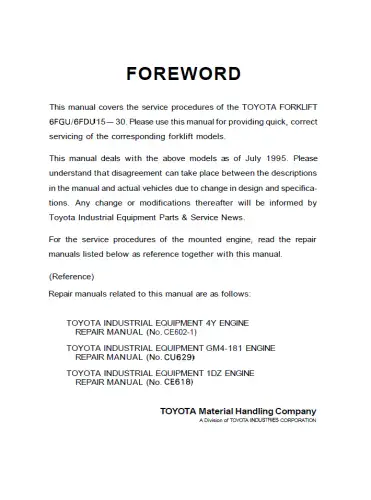 Toyota Forklift 6FGU15 6FDU15 6FGU18 6FDU18 6FGU20 6FDU20 6FGU25 6FDU25 6FGU30 Workshop Manual