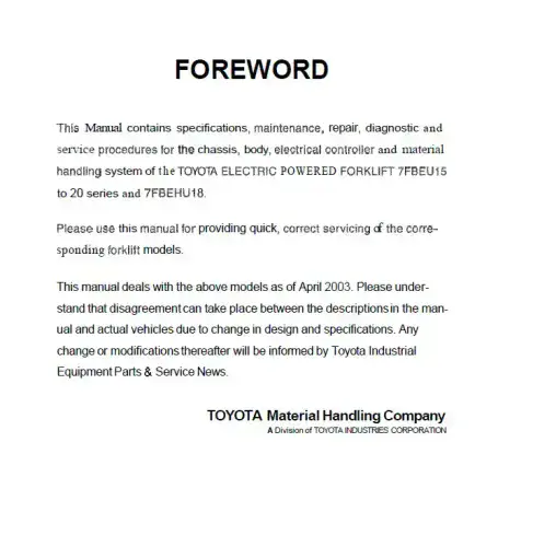 Toyota Forklift 7FBEU15 7FBEHU18 Workshop Manual