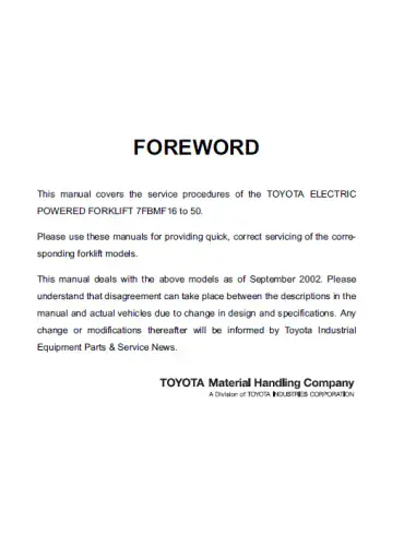 Toyota Forklift  7FBMF16 7FBMF18 7FBMF20 7FBMF25 7FBMF30  Workshop Manual