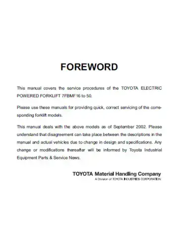 Toyota Forklift  7FBMF16 7FBMF18 7FBMF20 7FBMF25 7FBMF30  Workshop Manual