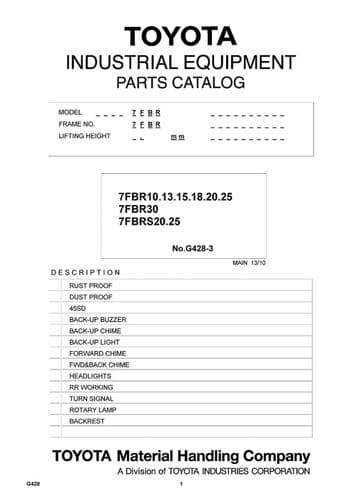 Toyota Forklift  7FBR10, 13, 15, 18, 20, 25, 30/ 7FBRS20,25  Parts Manual