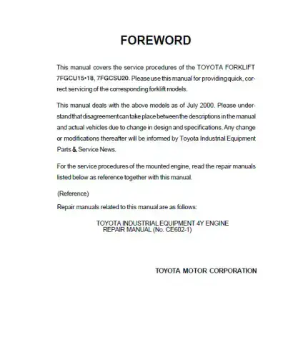 Toyota Forklift 7FGCU15/ 7FGCU18/ 7FGCSU20  Workshop Manual