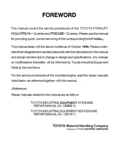Toyota Forklift 7FGU/ 7FDU15-32 & 7FGCU20-32  Workshop Manual