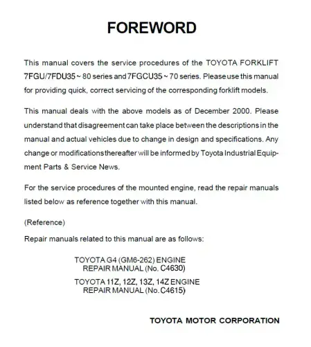 Toyota Forklift  7FGU/ 7FDU35-80 & 7FGCU35-70  Workshop Manual