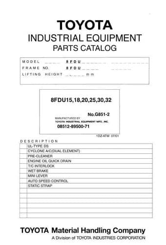Toyota Forklift 8FDU15/8FDU18/8FDU20/8FDU25/8FDU30/8FDU32 Parts Manual