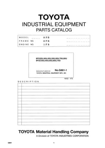 Toyota Forklift  8FG 35U 40U 45U 50U 60U 70U 80U & 8FGC 35U 45U 55U 60U 70U Parts Manual