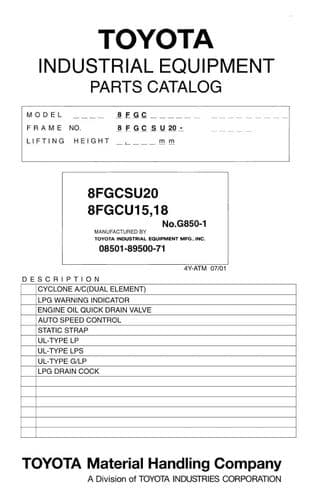 Toyota Forklift  8FGCSU20/8FGCU15/8FGCU18  Parts Manual