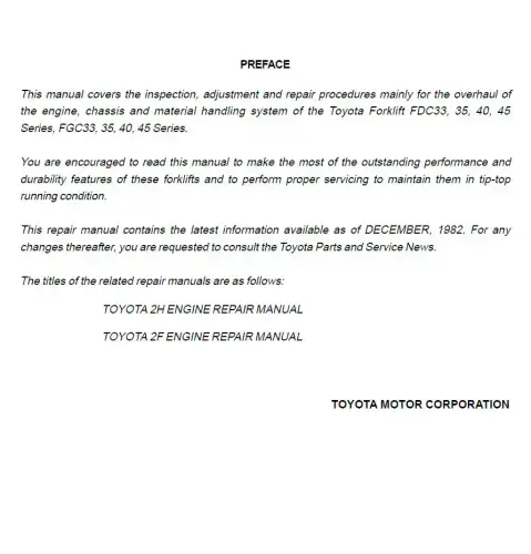 Toyota Forklift FDC 33, 35, 40, 45 FGC 33, 35, 40, 45 Workshop Manual