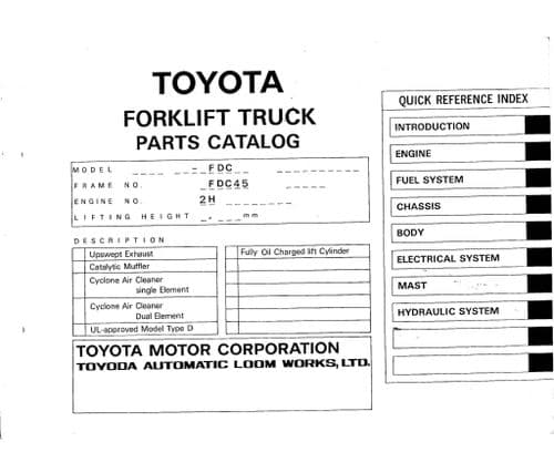 Toyota Forklift FDC 45 Parts Manual