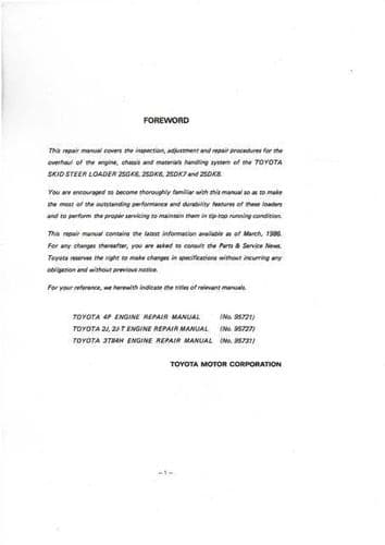 Toyota Skid Steer Loader 2SGK6 2SDK6 2SDK7 2SDK8 Workshop Service Manual